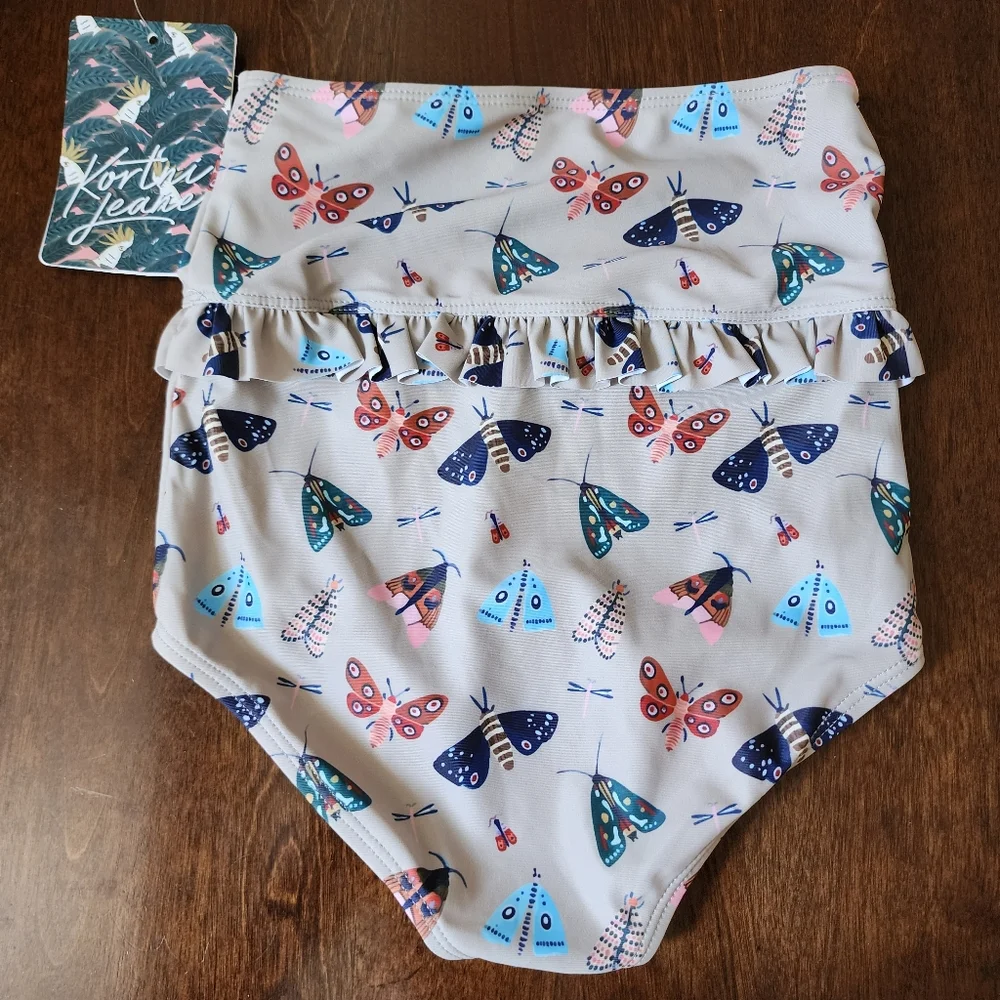 Kortni Jeane Beige Butterfly Print Ruffle High-Waist Swim Bottoms
